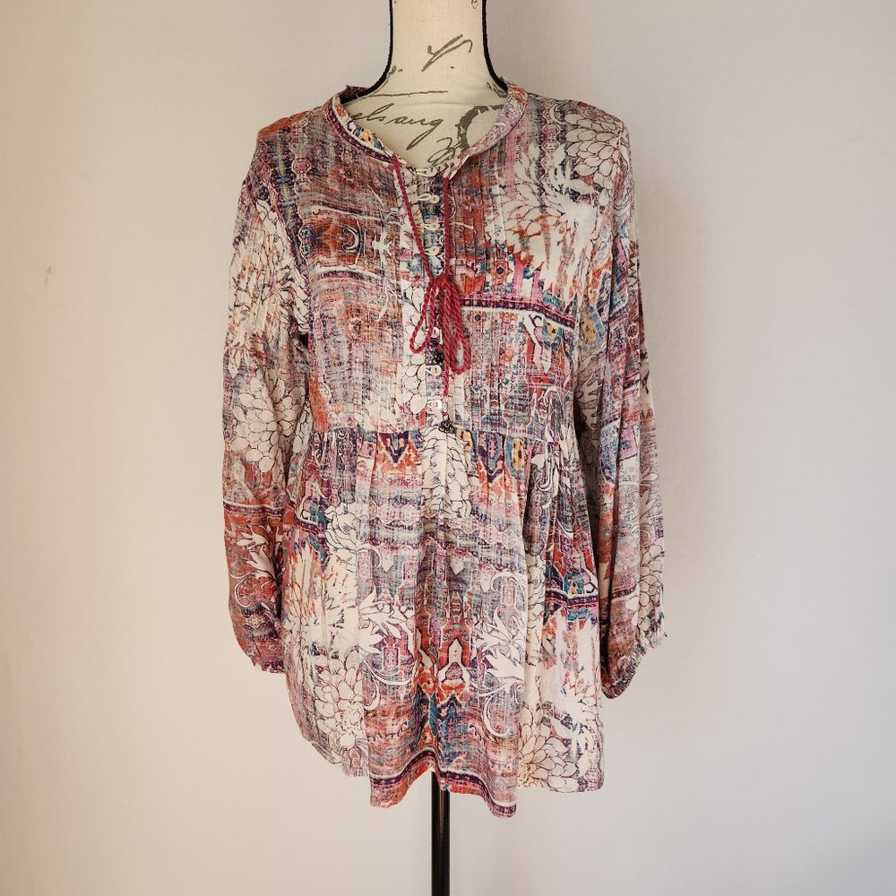 Kyla Seo Floral Peasant Tassel Boho Pintuck Top Long Sleeve Multicolor Viscose